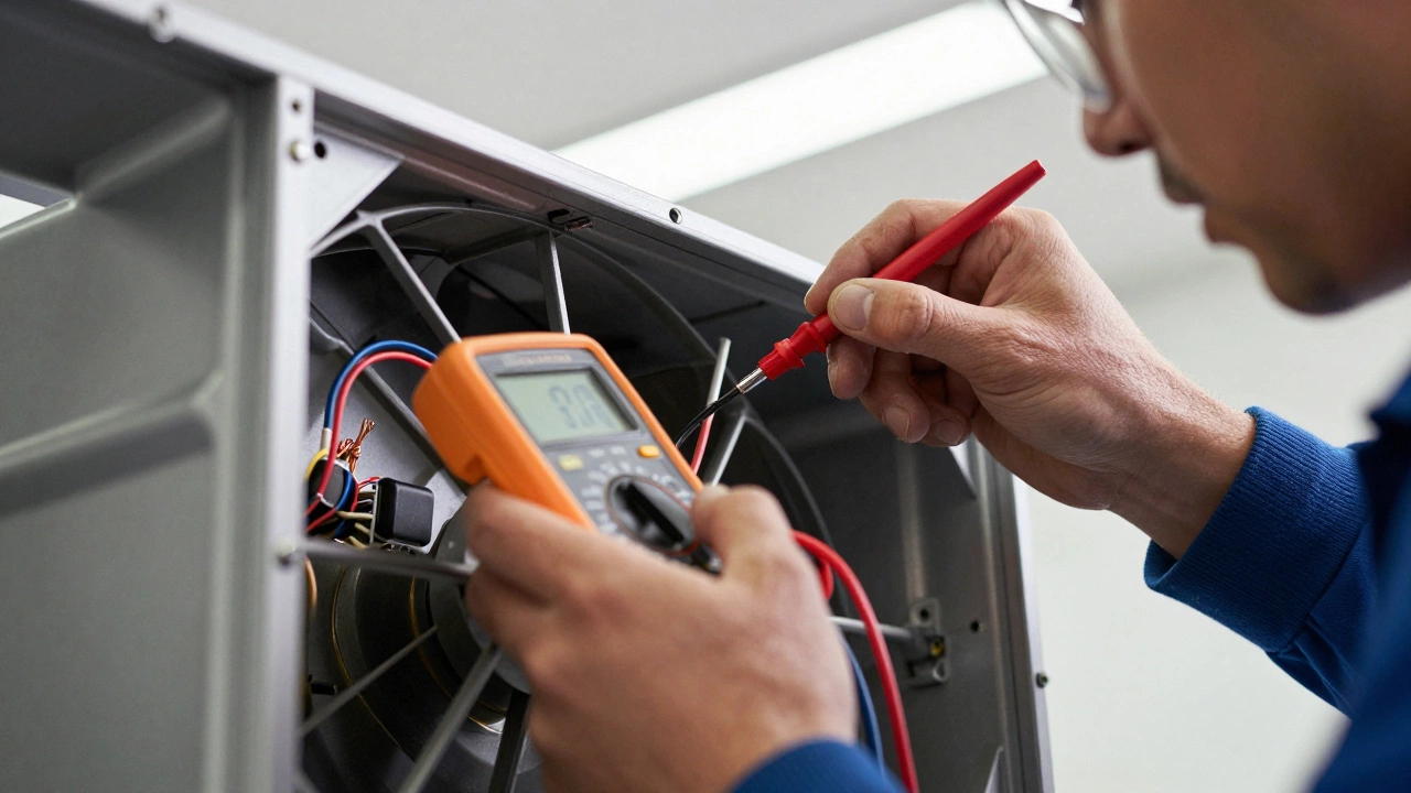 An electrician using a multimeter to test the electrical components of a dismantled fan.