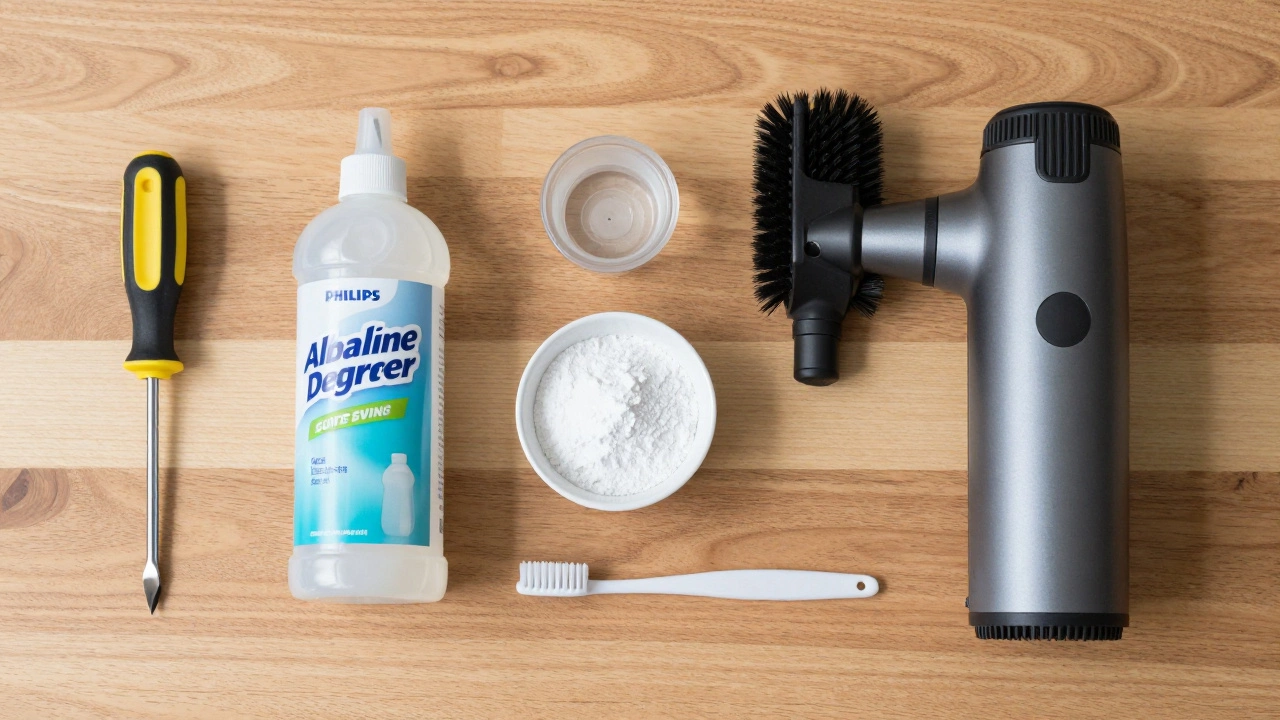 Cleaning toolkit including screwdriver, degreaser, vacuum brush, and toothbrush