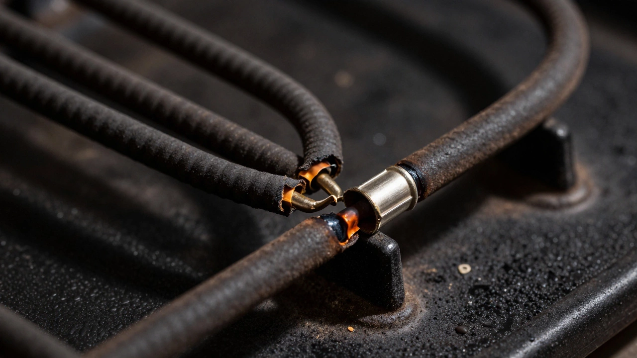 Close-up of a broken and charred oven heating element coil