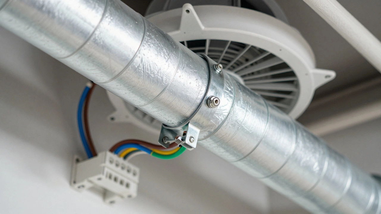 Close-up of a new extractor fan being connected to a flexible silver duct with a metal clamp