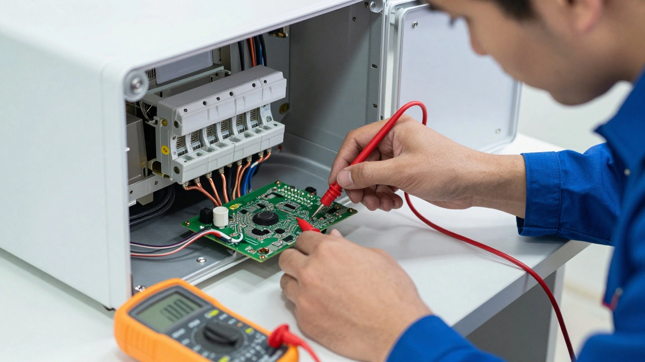 Close-up of a technician using tools to repair the internal circuitry of a home appliance.