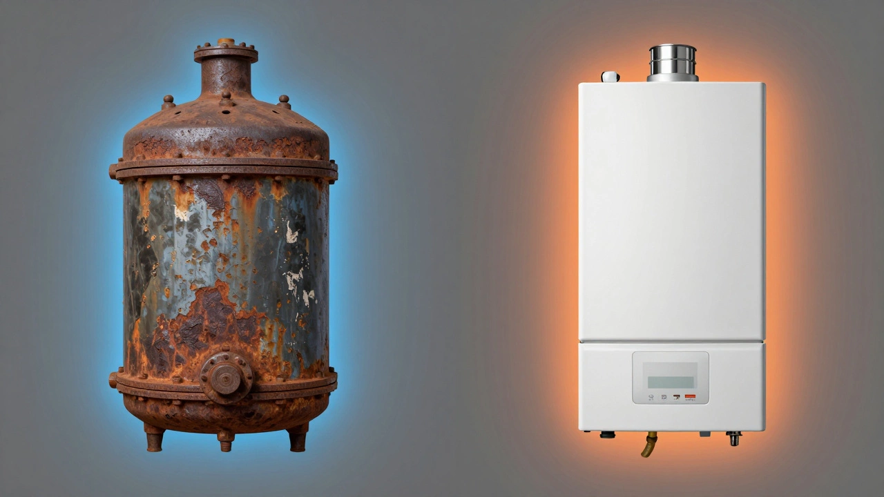 Comparison between a rusty old boiler and a modern high-efficiency unit