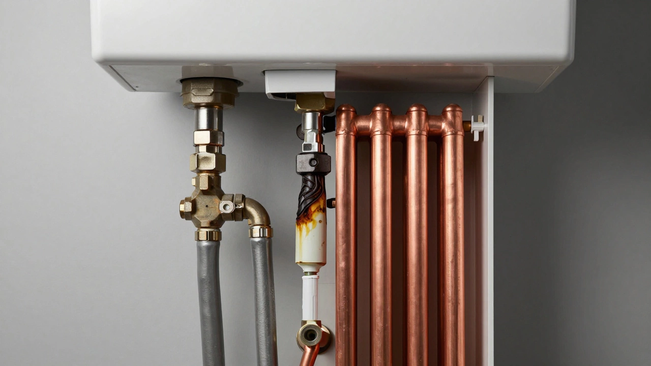 Comparison of a corroded heating element and a new tankless heat exchanger