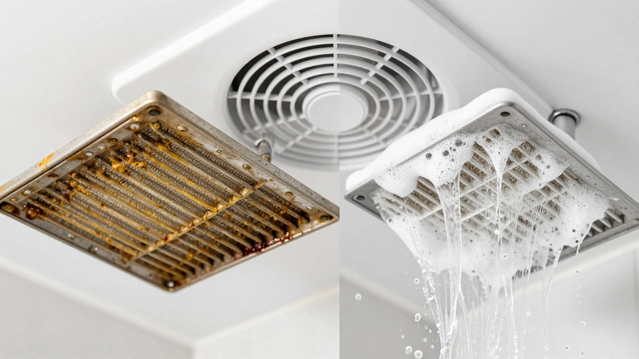 Comparison of a grease-clogged extractor filter next to a clean, washed filter.