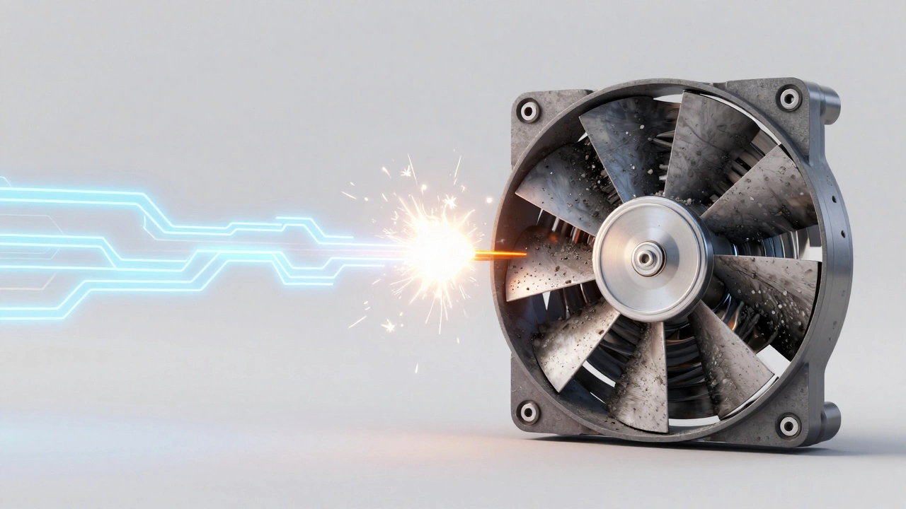 Conceptual split view of an electrical circuit failure and a dust-clogged fan motor.