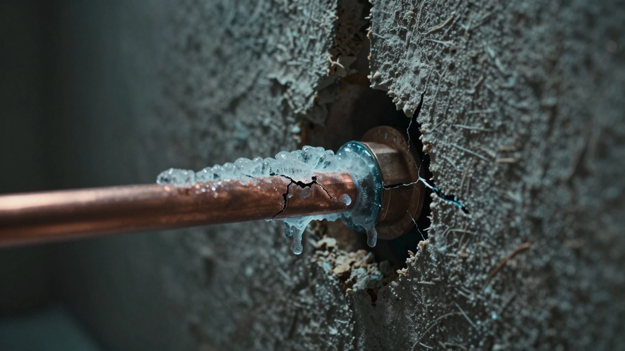 Cross-section of a copper pipe inside a wall freezing and beginning to crack.