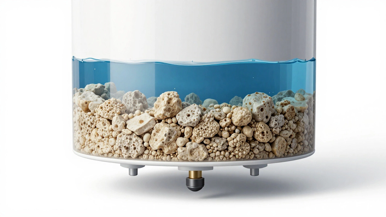 Cross-section of a water heater tank showing mineral sediment buildup at the bottom