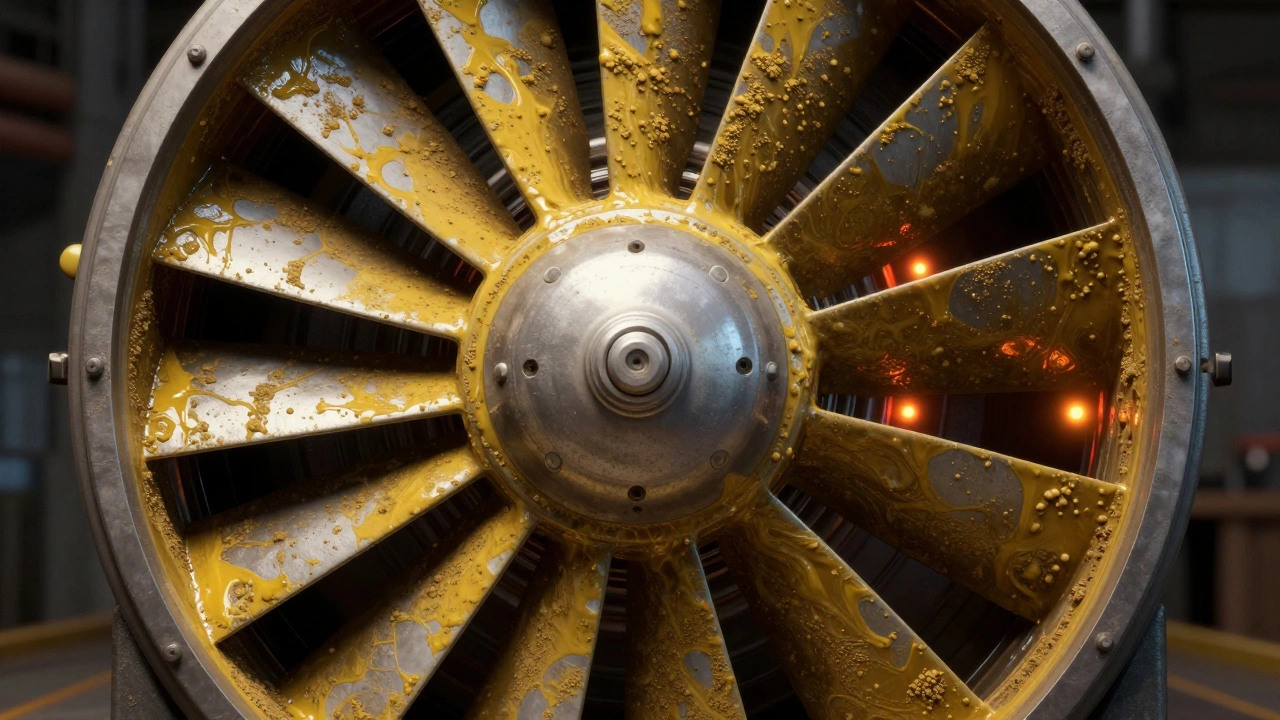 Cross-section of fan blades covered in thick grease and dust buildup