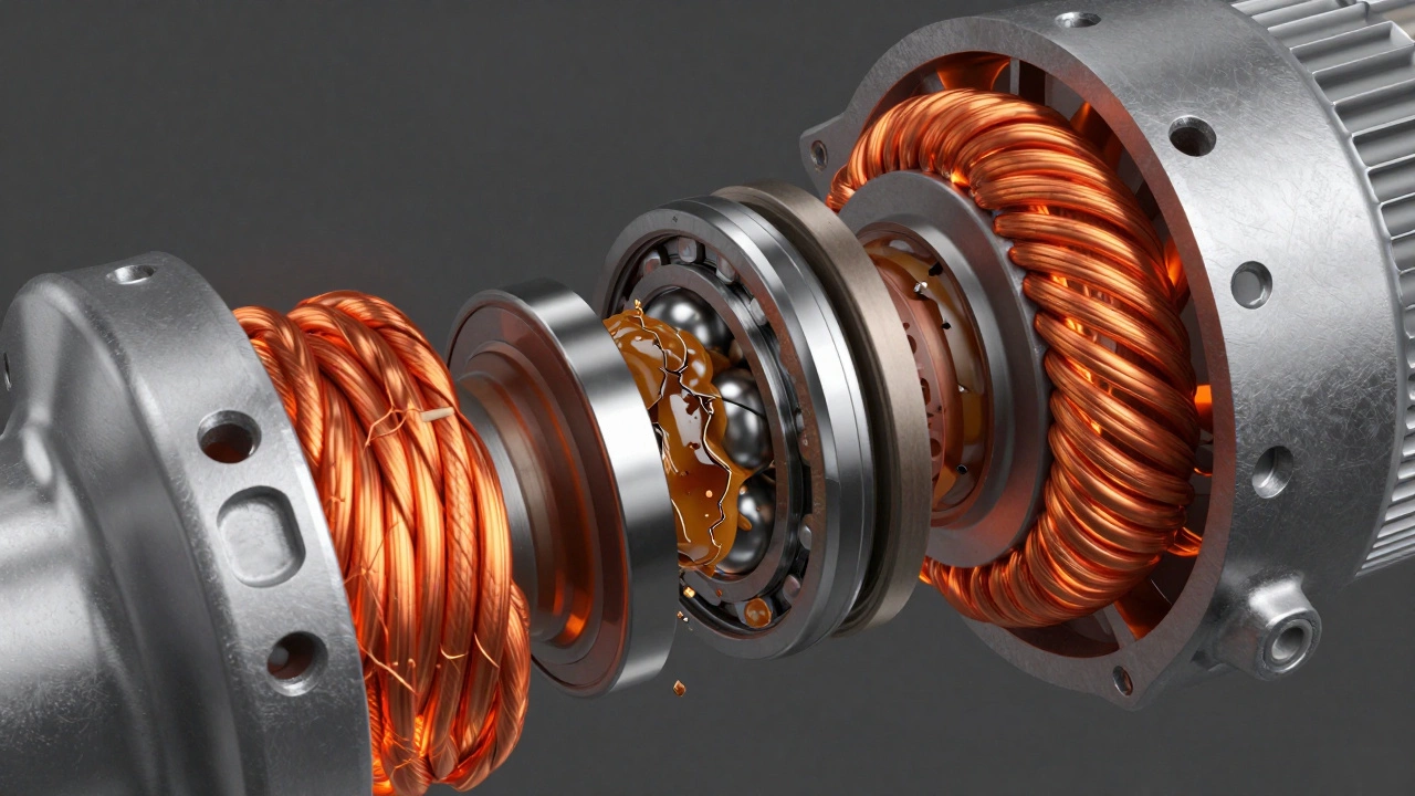 Detailed 3D cutaway of a fan motor showing overheating copper coils and worn ball bearings.