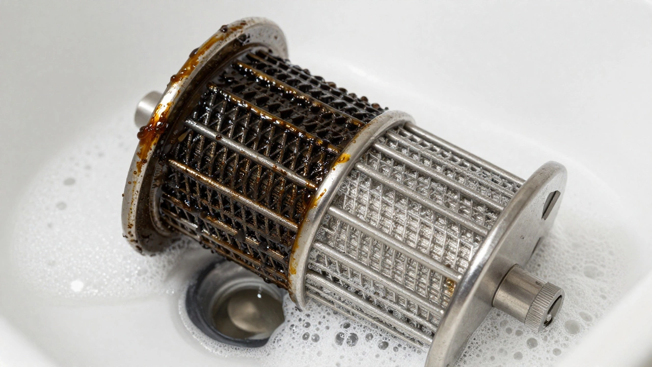 Half-cleaned stainless steel baffle filter in a soapy sink showing before and after results