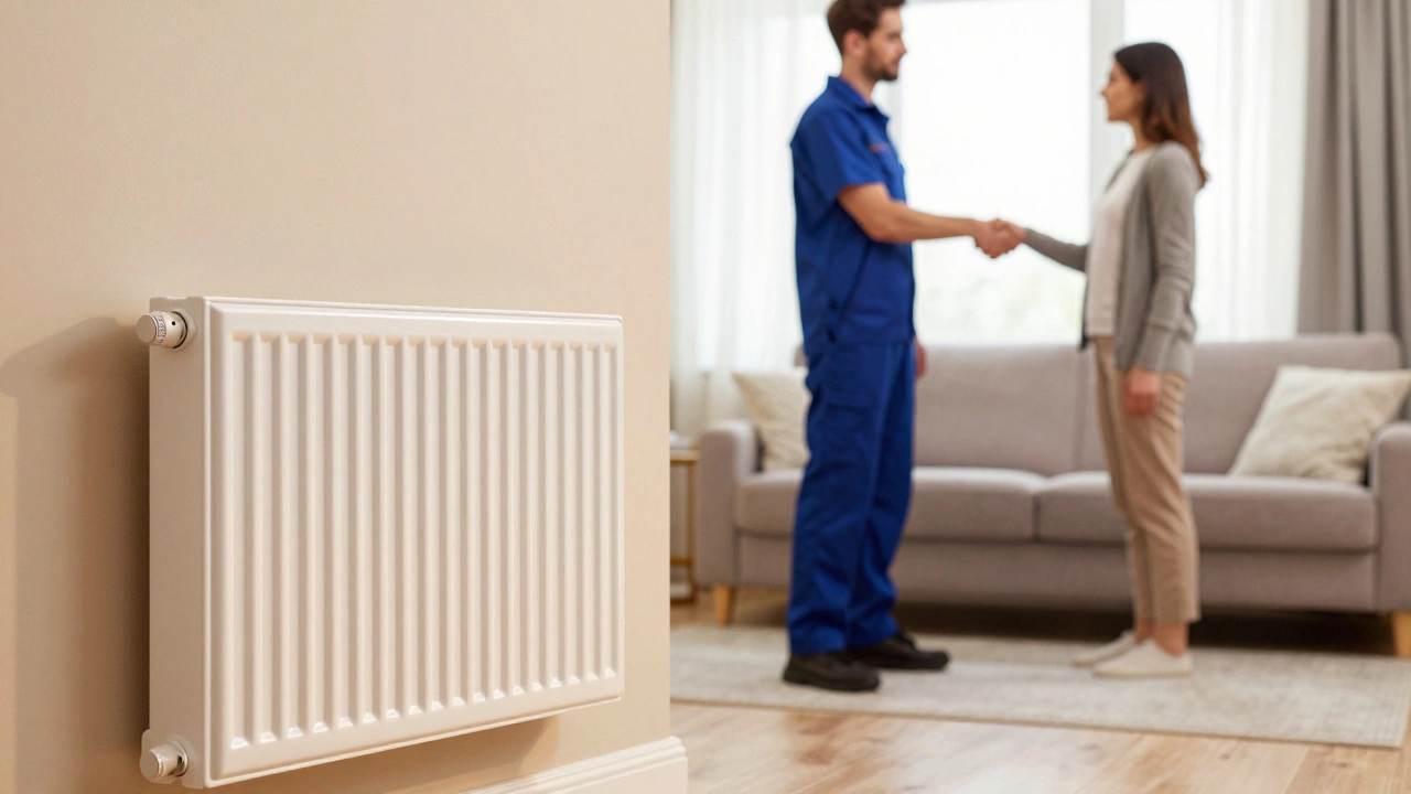 Homeowner and technician shaking hands in a warm room with a new radiator