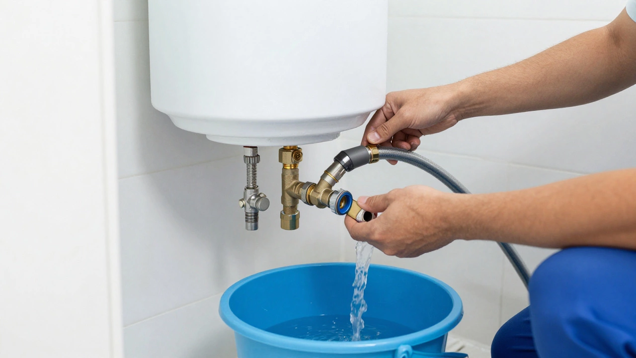 Plumber flushing a water heater tank with a hose for maintenance