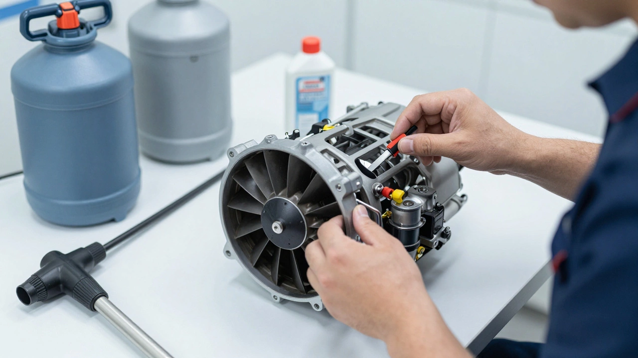 Professional technician cleaning and servicing the internal parts of a range hood
