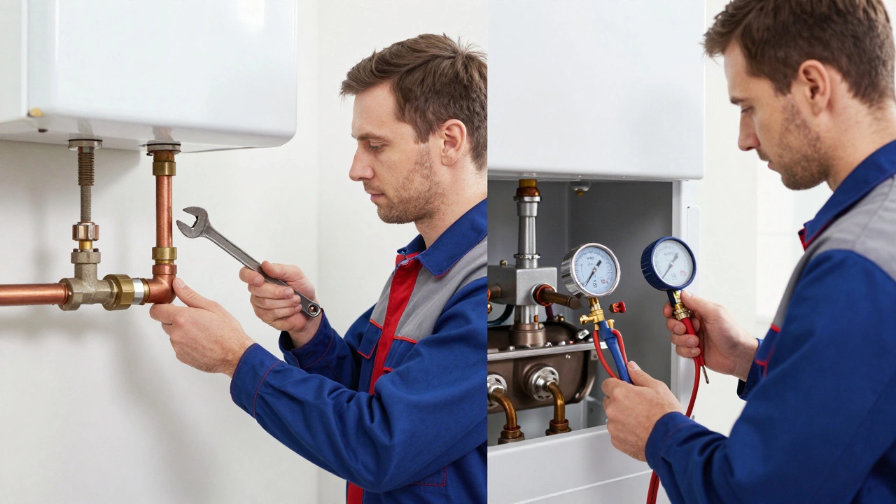 Split view showing a plumber fixing pipes and a heating engineer using diagnostic tools.