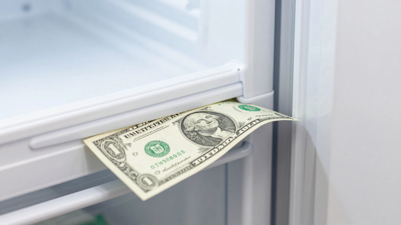 Testing a freezer door seal by pulling a dollar bill from the gasket