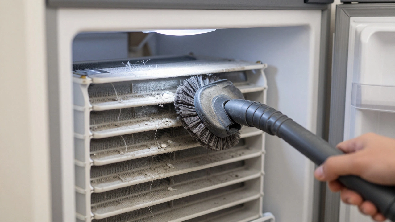Vacuuming dust and pet hair off freezer condenser coils