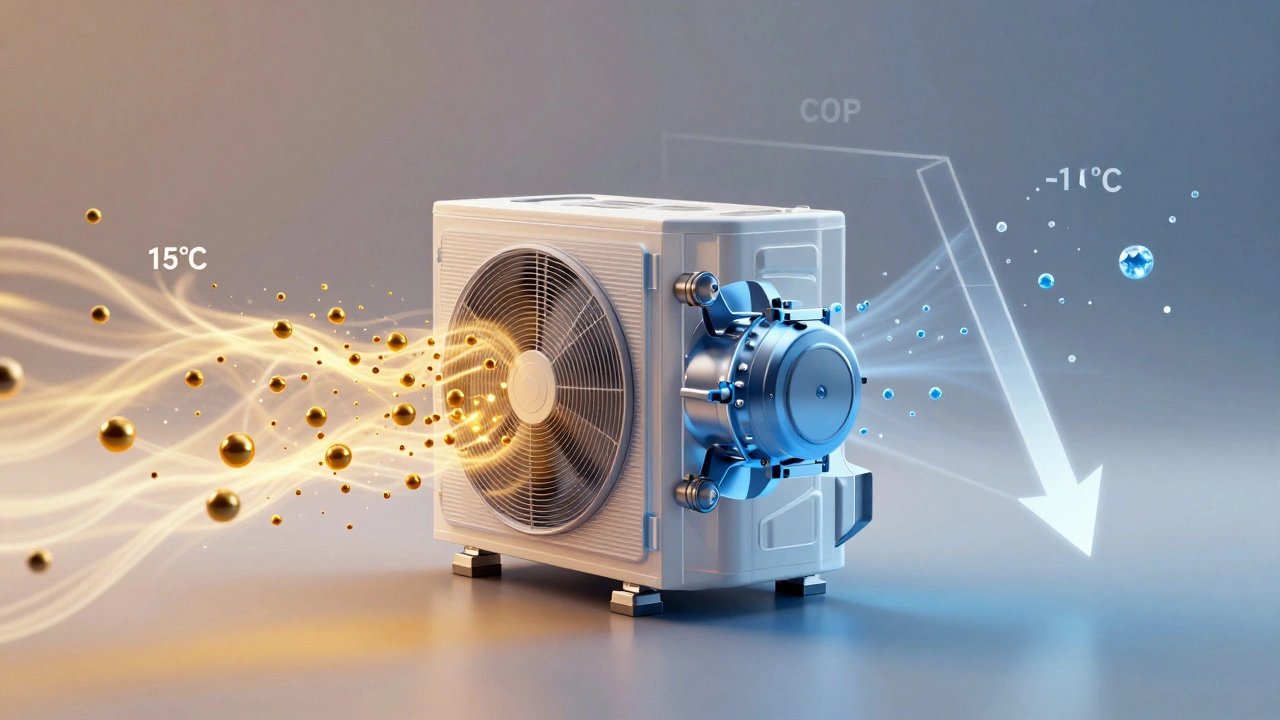 3D illustration of heat pump efficiency dropping as temperature falls