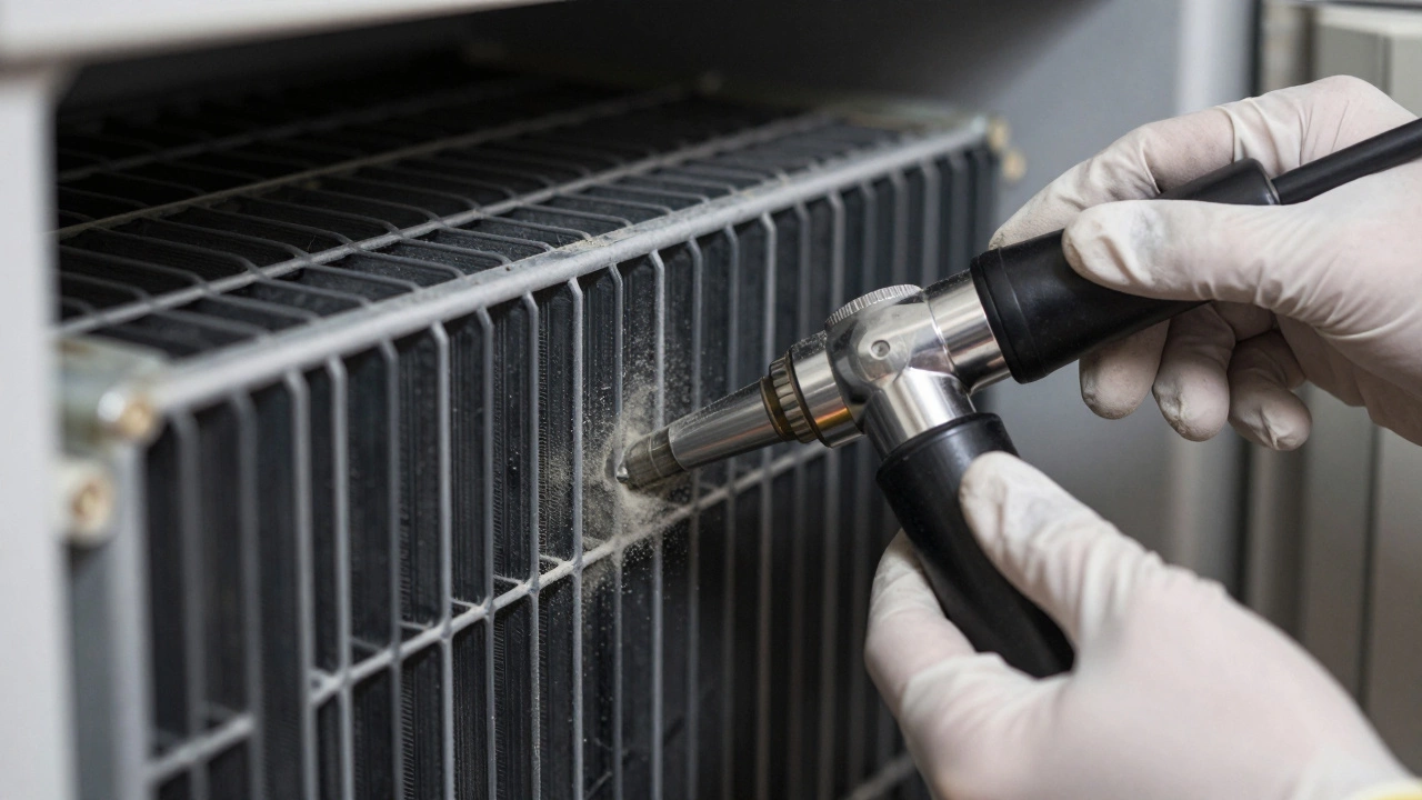Close-up of technician vacuuming dust from refrigerator condenser coils