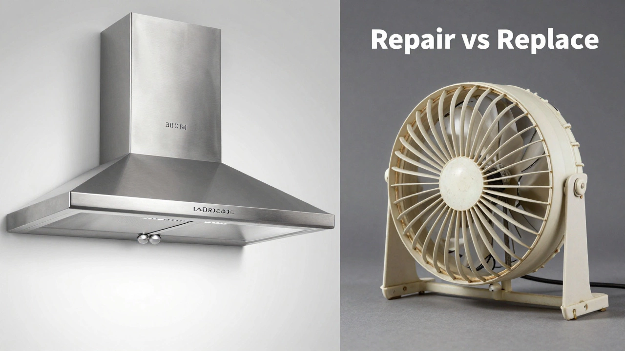 Comparison of a new stainless steel hood versus an old plastic bathroom fan.