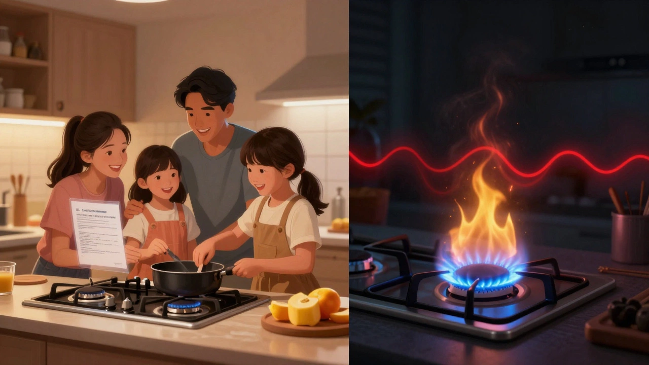 Contrast between safe gas hob and dangerous CO risk