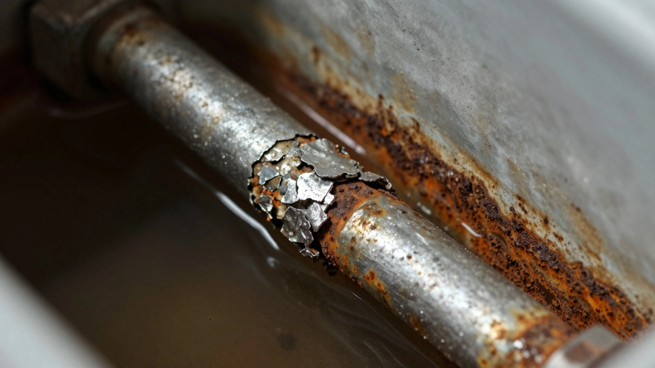 Corroded sacrificial anode rod causing tank rust and decay