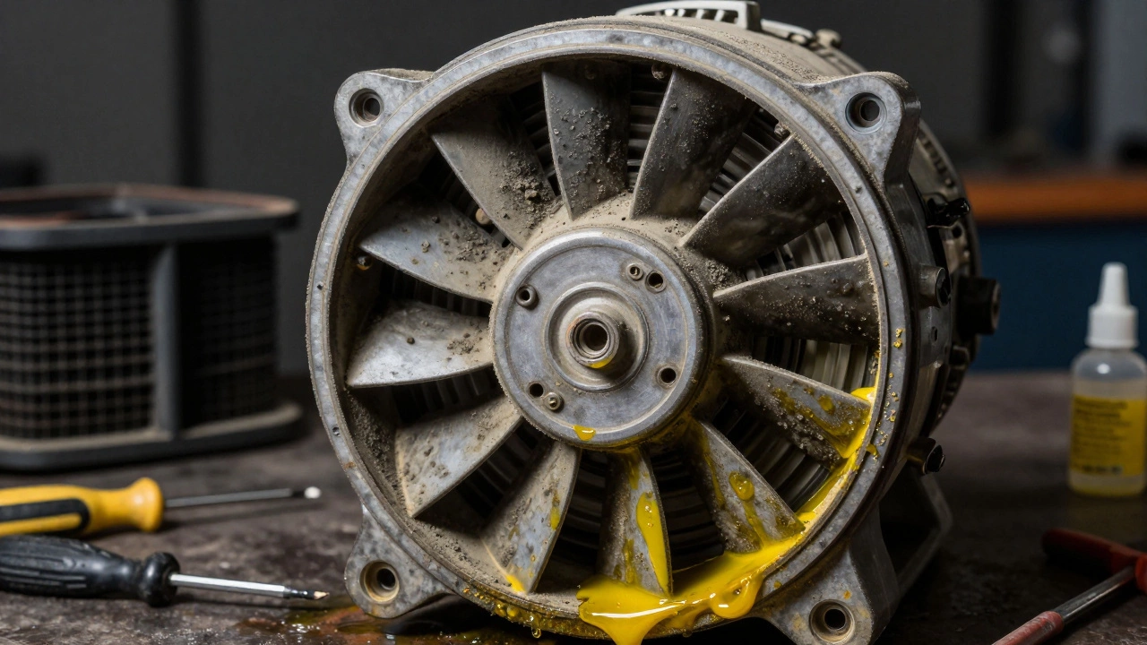 Dirty extractor fan motor with grease and dust buildup awaiting repair.