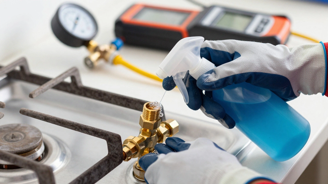 Gas engineer testing connections for leaks with tools