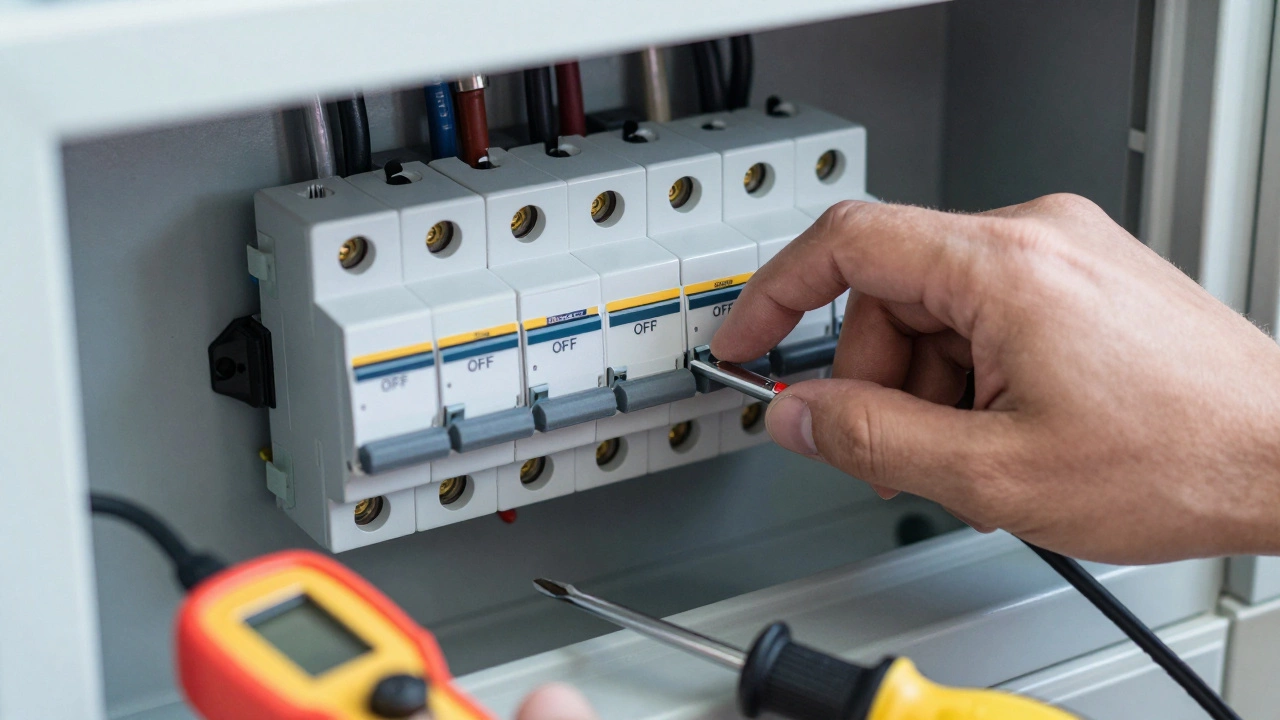 Hand switching off the circuit breaker for the kitchen range