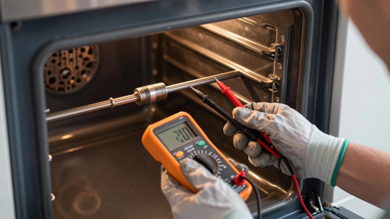 Hands using a multimeter to test an oven temperature sensor rod