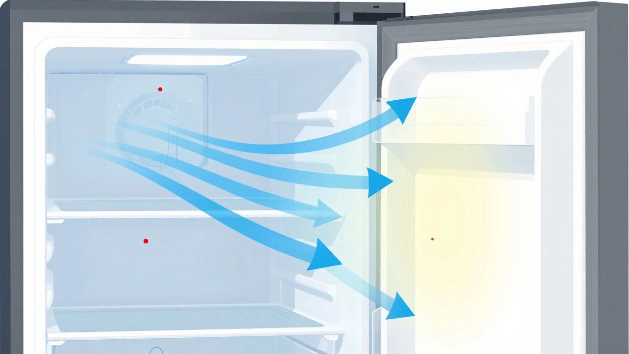 Illustration showing cold air circulation and ice blockage in a fridge cross-section.