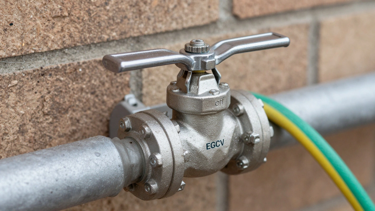 Outdoor emergency gas control valve handle turned off near gardening tools