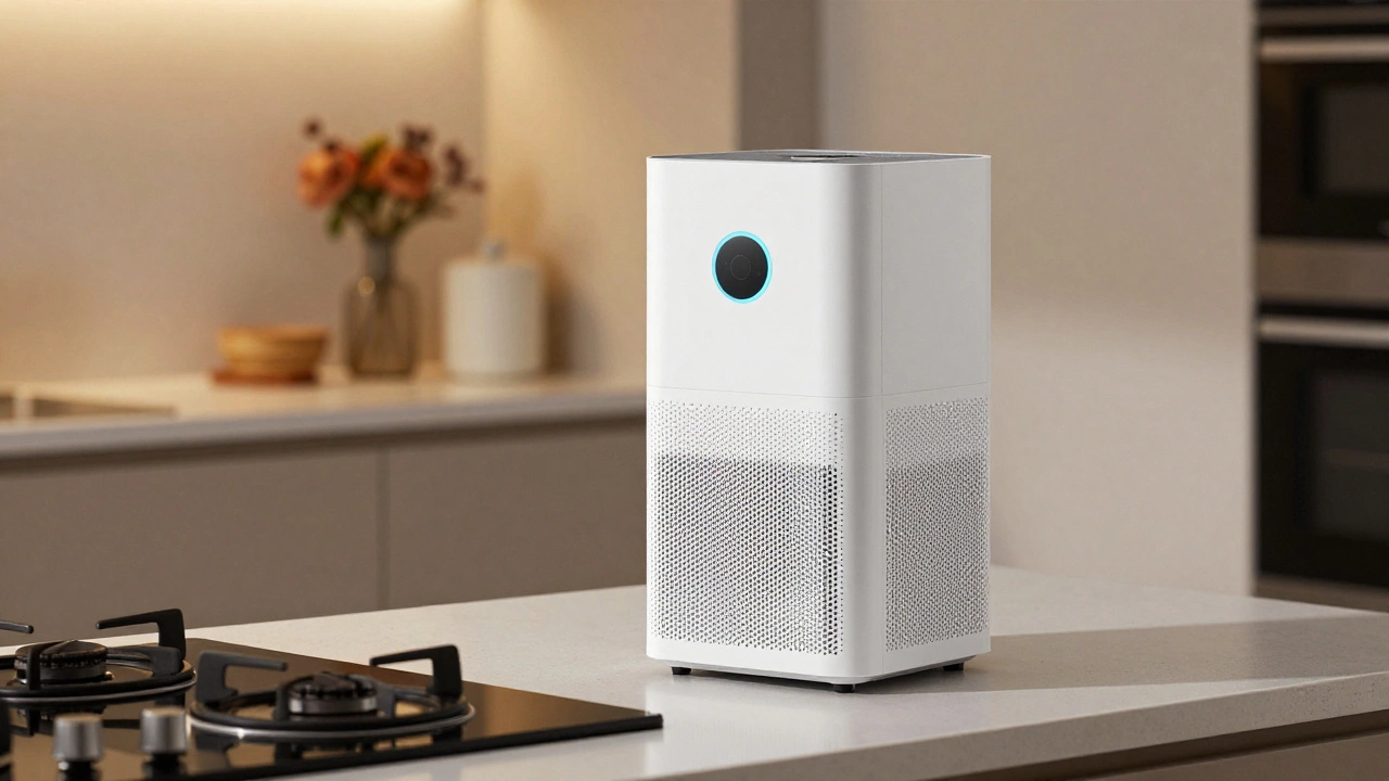 Portable air purifier on kitchen counter filtering cooking odors