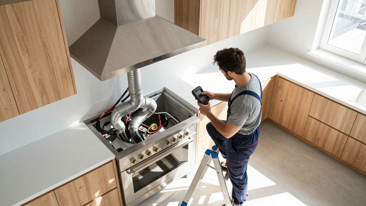 Technician inspecting ductwork behind a kitchen range hood on a ladder