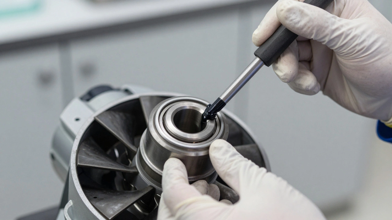Technician lubricating motor bearings of an extractor fan for quick repair