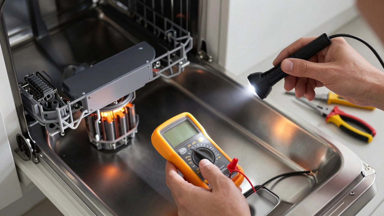 Technician testing a dishwasher heating element with a multimeter