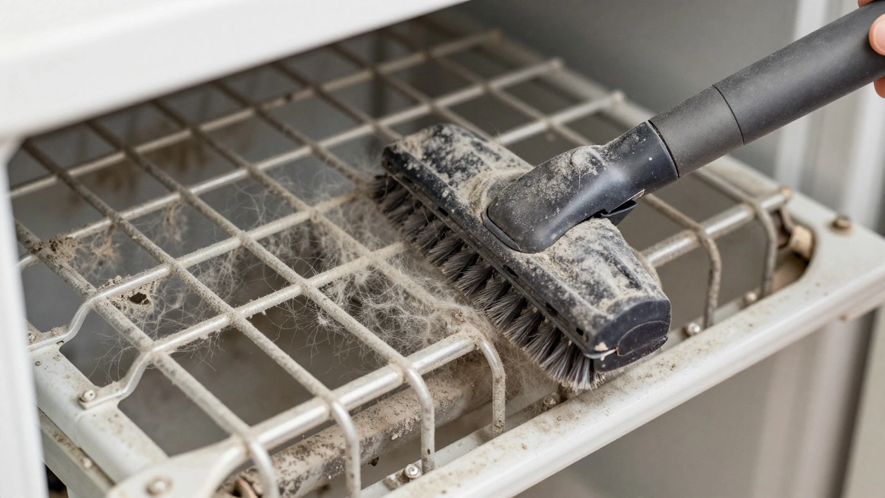 Vacuum brush cleaning dust and debris from dirty refrigerator condenser coils.