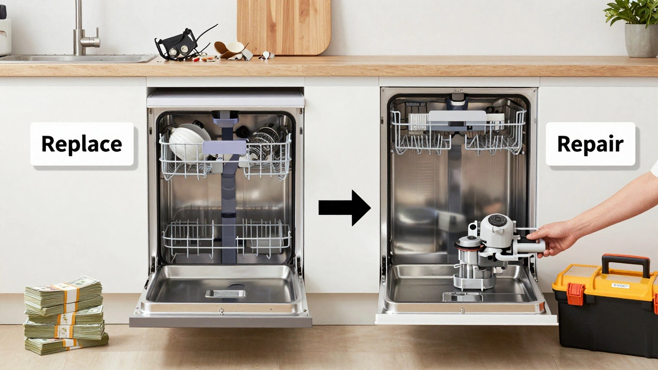Visual comparison of repairing vs replacing a dishwasher