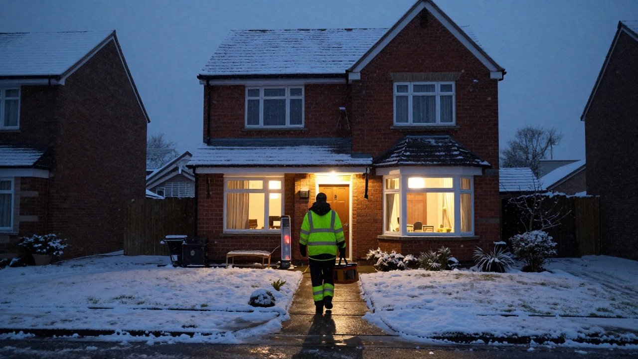 A heating technician arriving at a snow-covered home with warm lights visible inside.