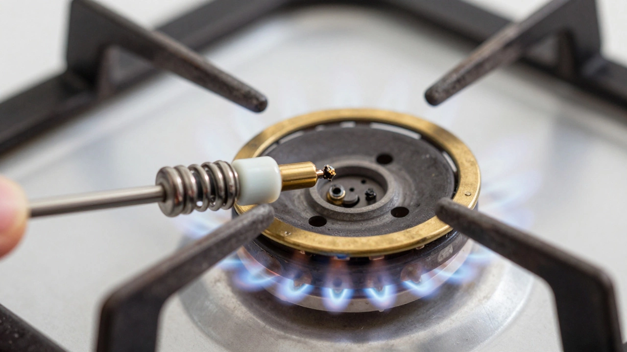 Close up of cleaning a gas hob burner port