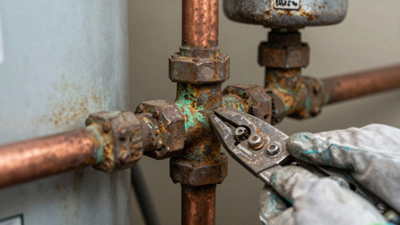 Close-up of corroded copper pipes on an old hot water heater showing green oxidation