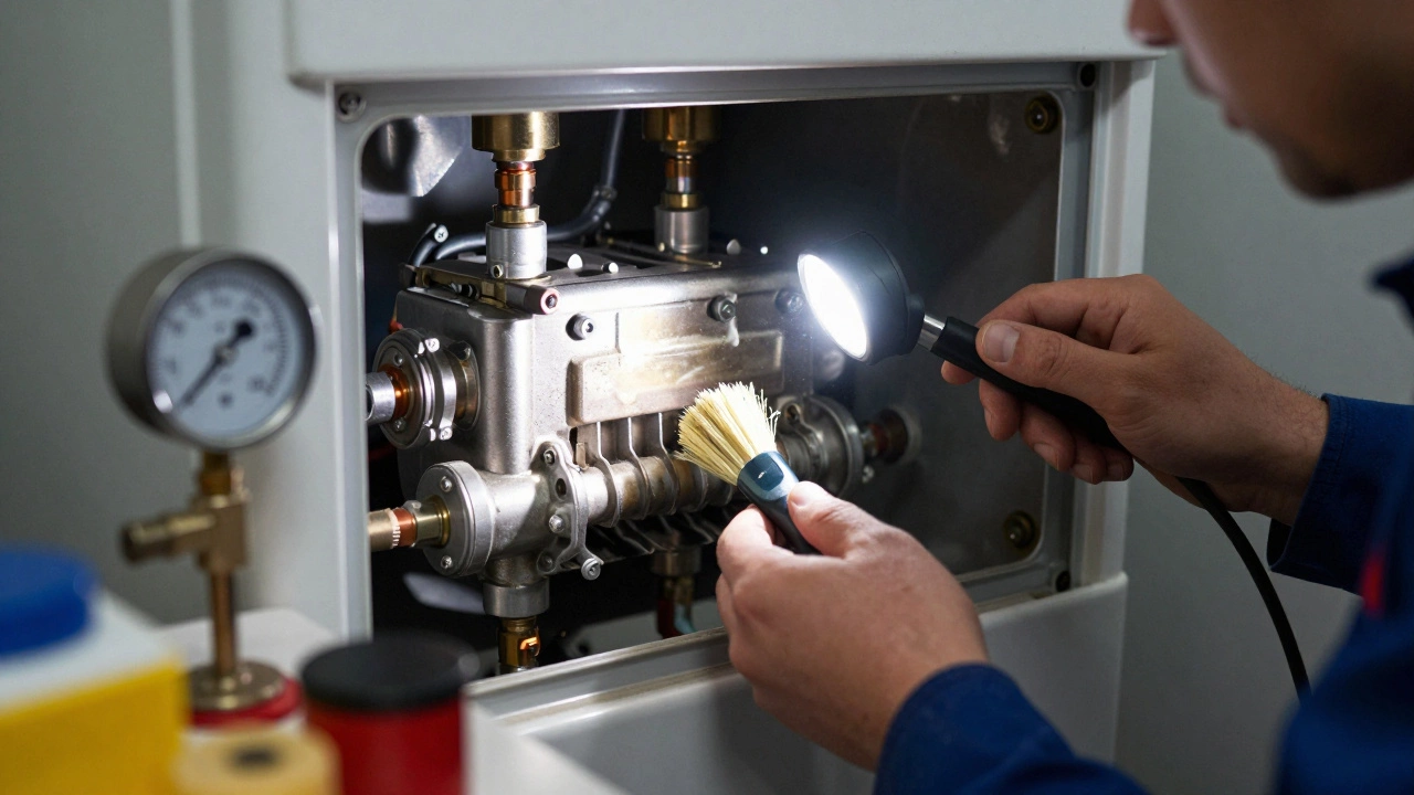 Close-up of engineer cleaning boiler internals with tools and light
