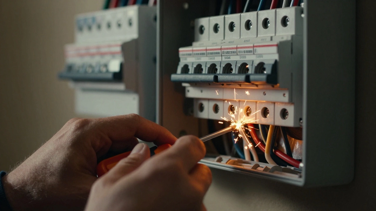 Close-up of exposed electrical wires and fuse box