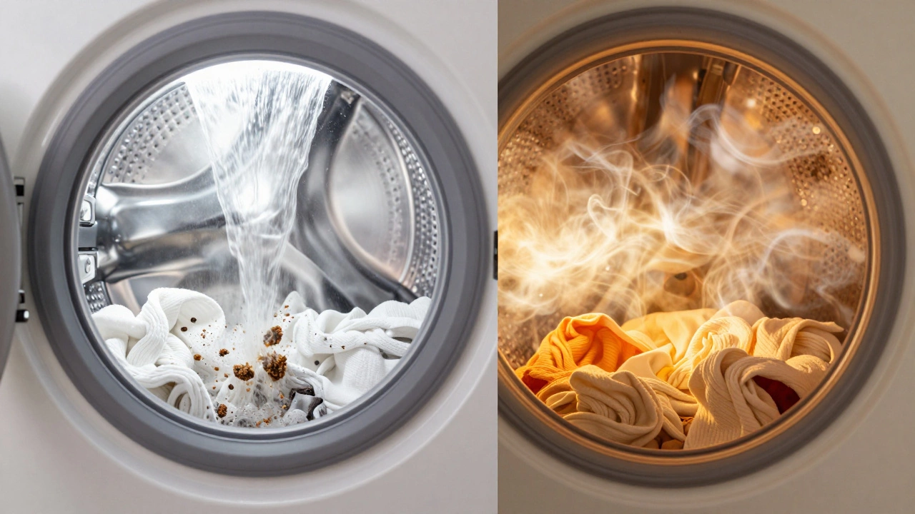 Close-up of washing machine agitation and dryer heat currents cleaning and drying fabrics