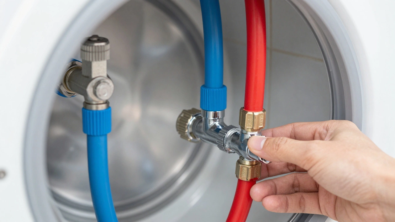 Close-up of washing machine water inlet hoses and taps