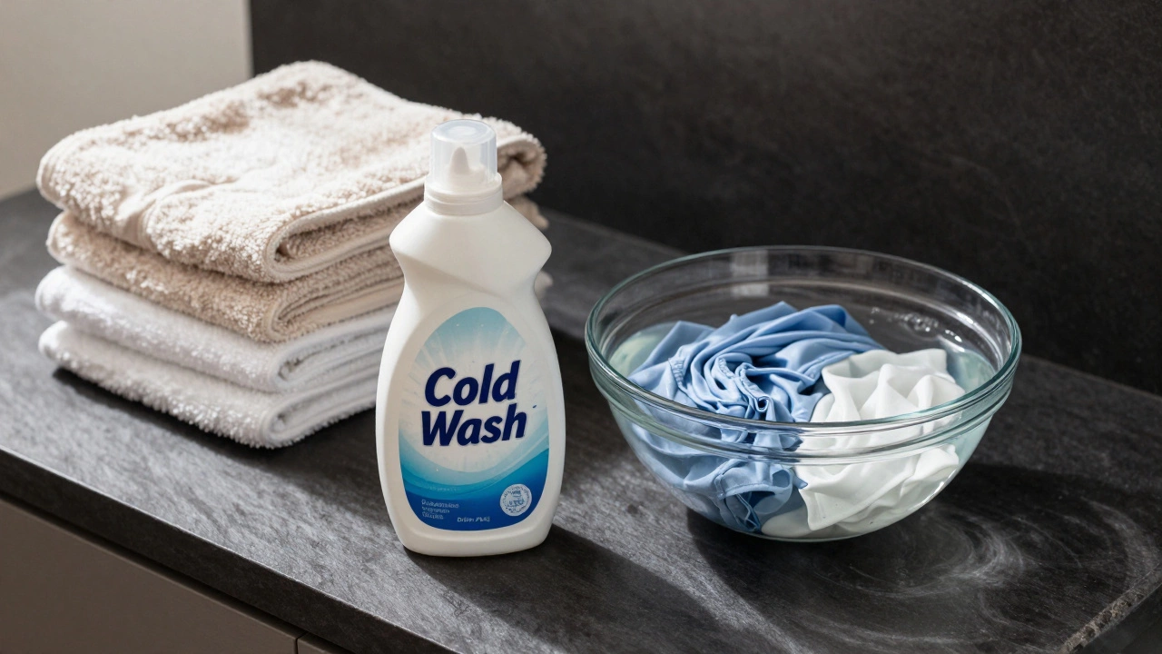 Cold wash detergent and clean laundry on a countertop