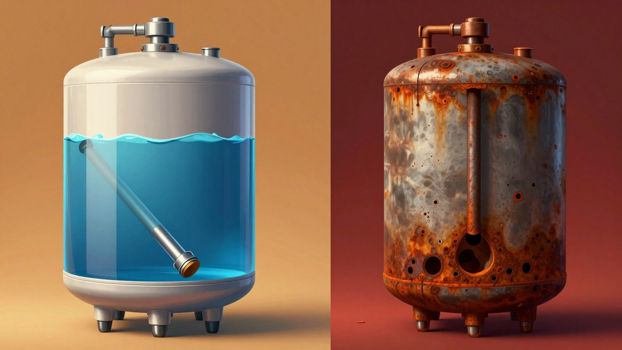 Cross-section comparison of a protected vs corroded water heater tank.