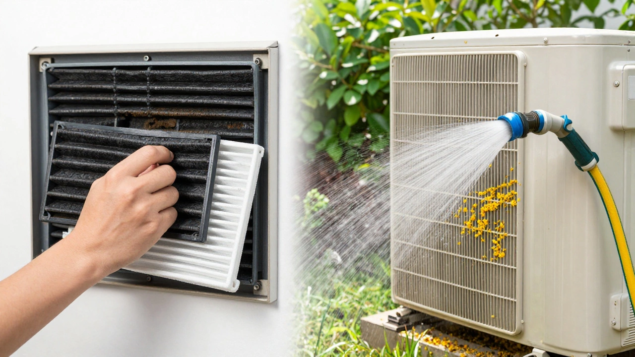 Hand replacing dirty air filter and cleaning outdoor heat pump coils with hose