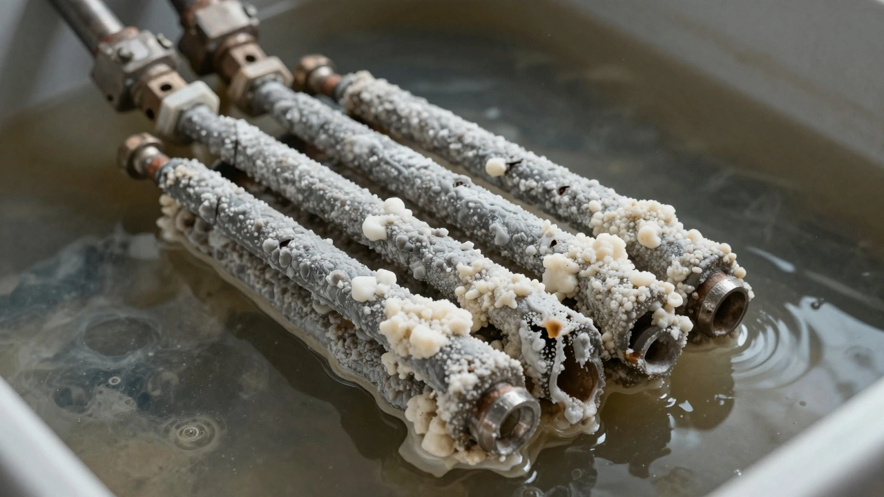 Heating element encrusted with heavy mineral scale buildup