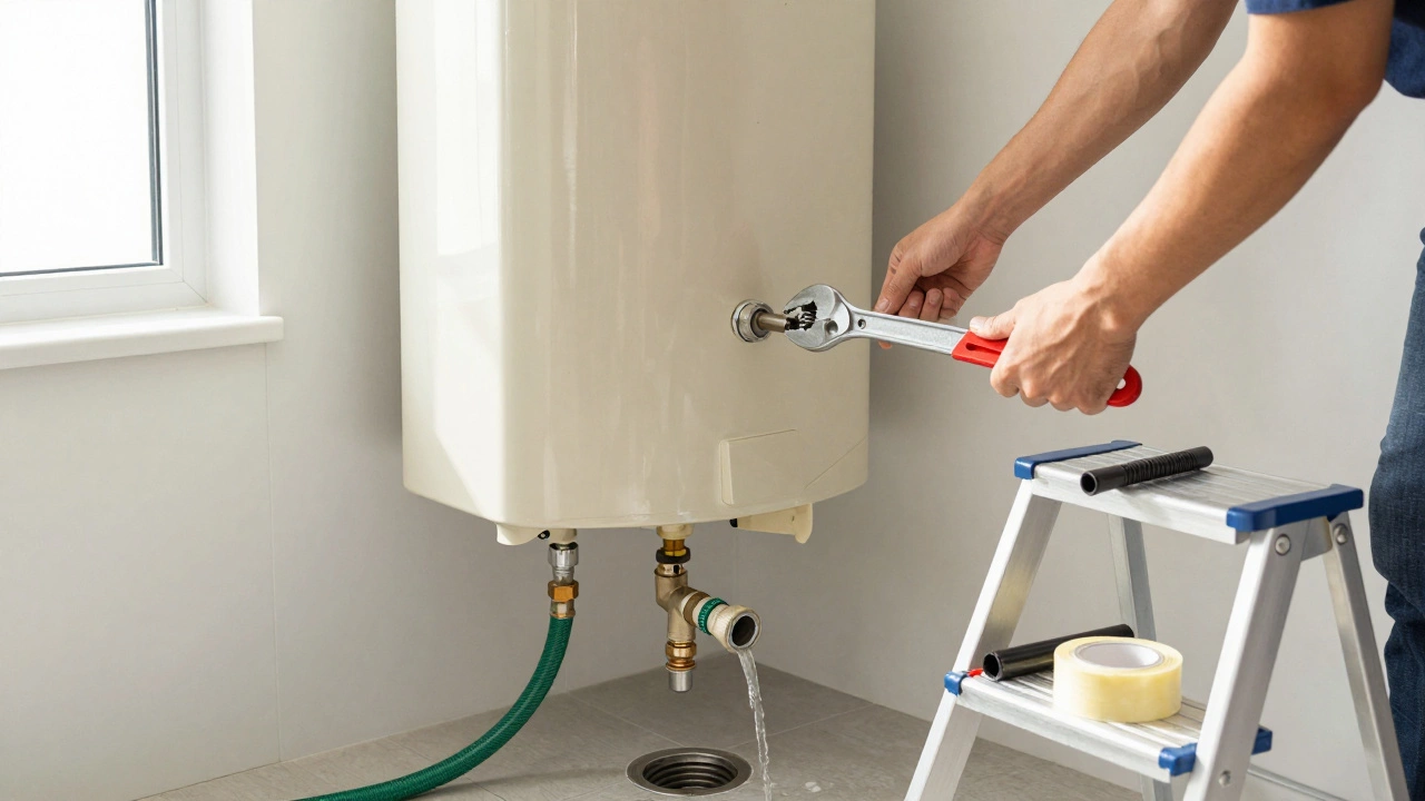 Homeowner draining a water heater to replace the anode rod DIY.