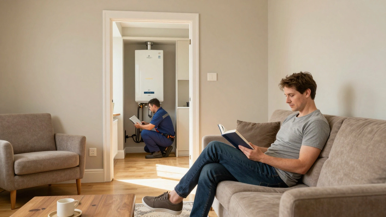 Homeowner relaxing in living room while engineer works in background